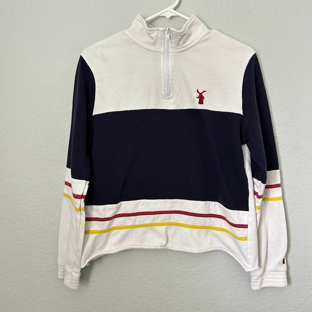 Dutch bros retro color block Striped Half-Zip Pullover with windmill Logo